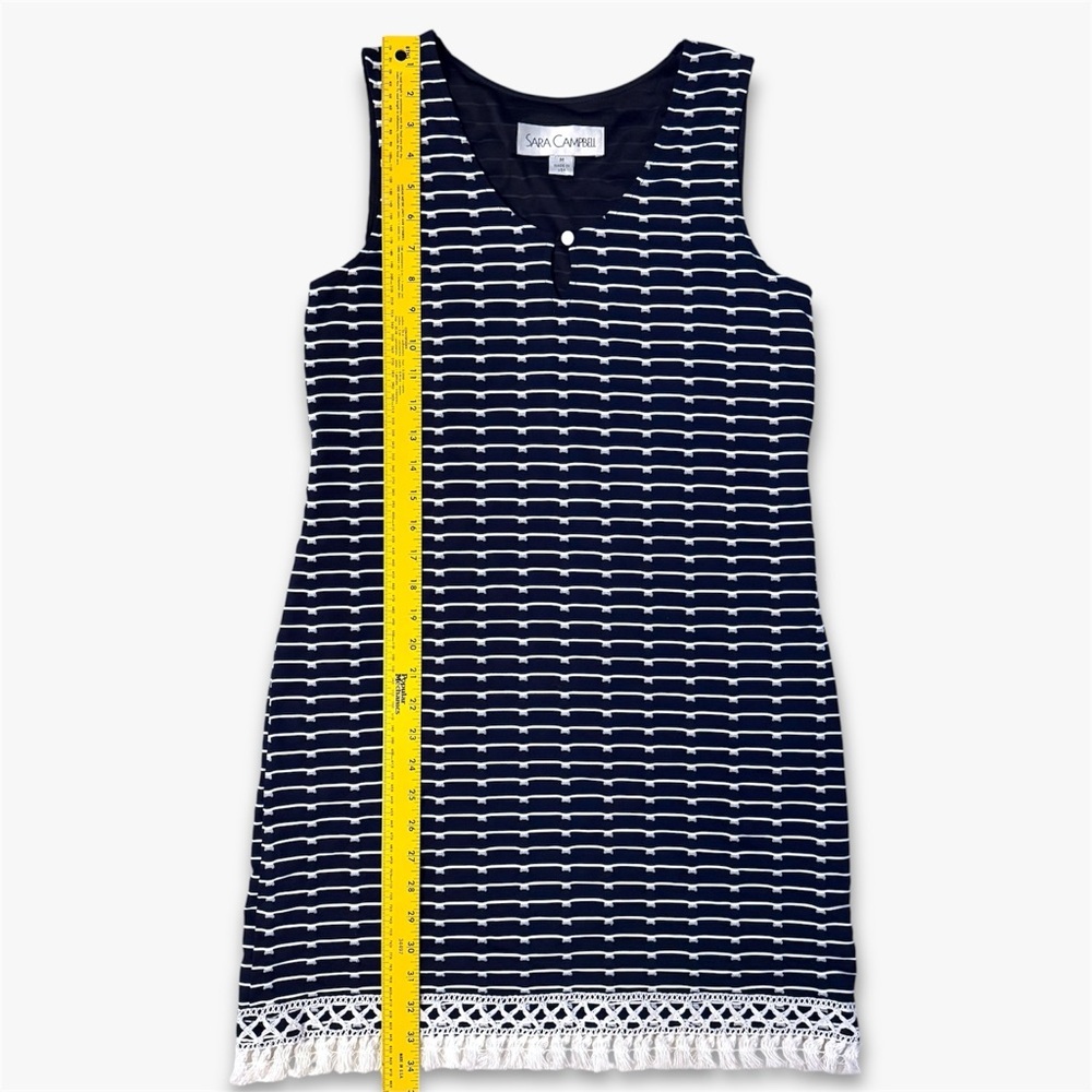 Sara Campbell Navy Stripe Shift Dress Tassel Fringe Hem Fully Lined Stretch M - Picture 7 of 13